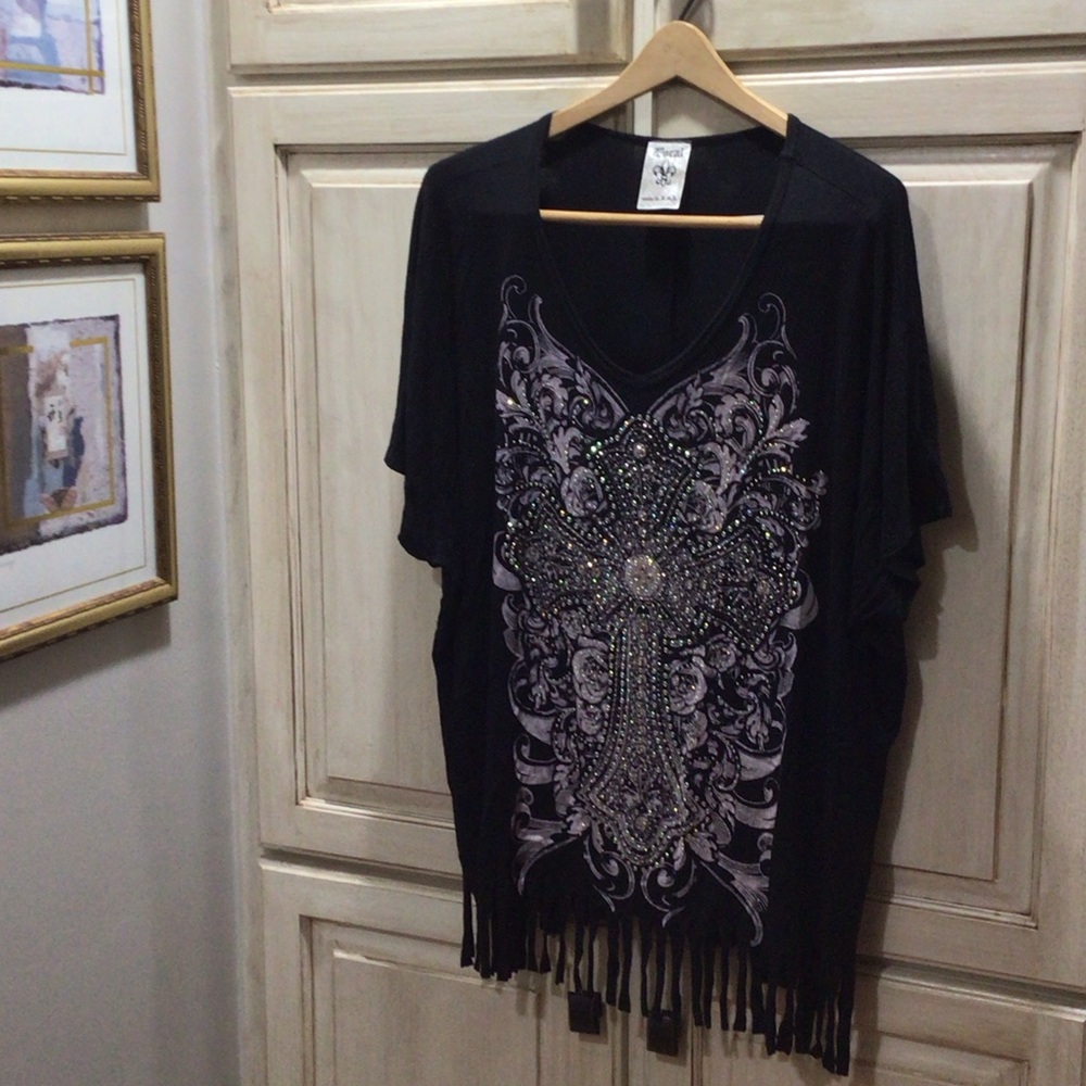 Vocal Black Top Swim Suit Coverup Tunic with Silver Embellishments